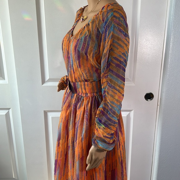 Vtg 60s 70s fabulous watercolor sheer overlay orange purple dress S - Picture 9 of 12